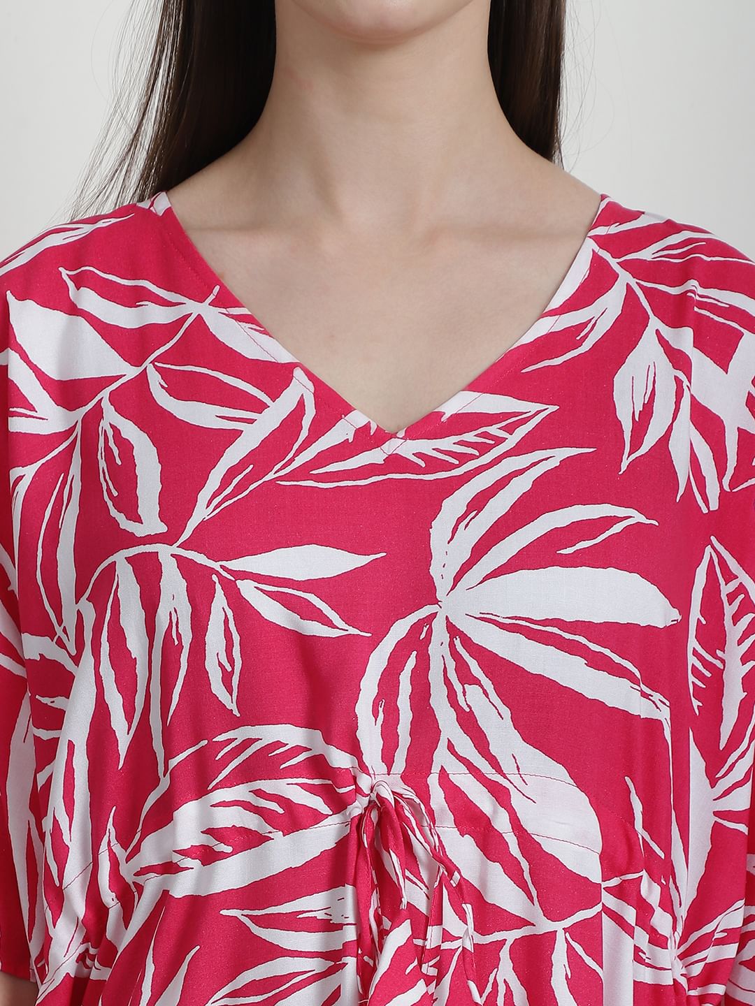 Floral Print Pink Rayon Kaftan Nighty