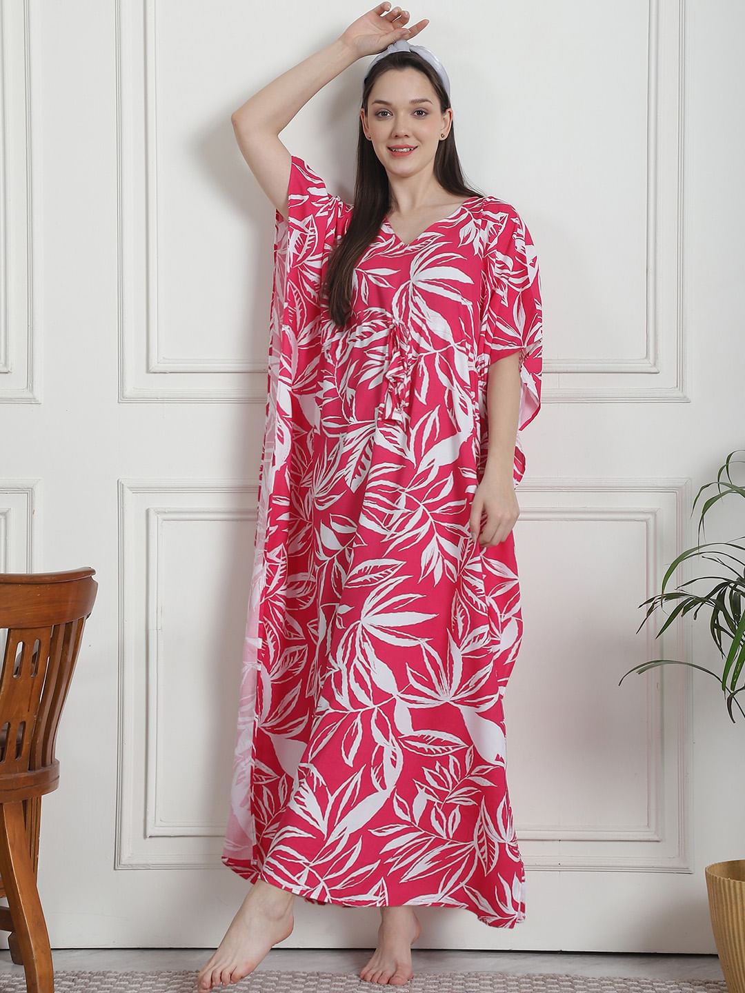 Floral Print Pink Rayon Kaftan Nighty