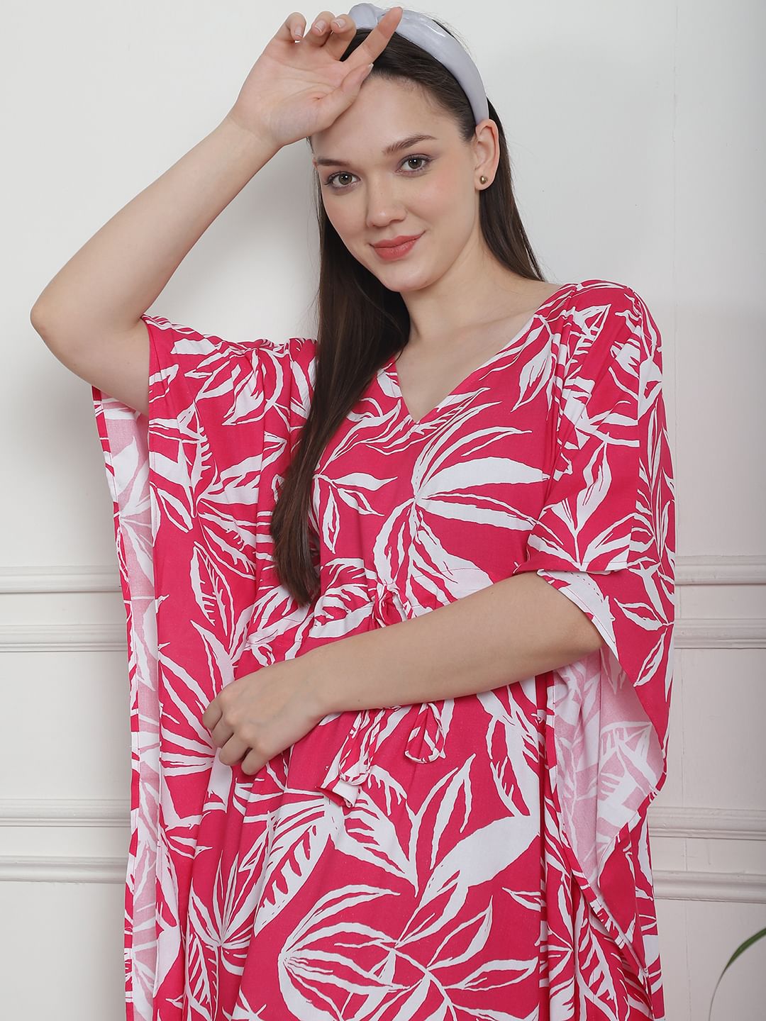 Floral Print Pink Rayon Kaftan Nighty