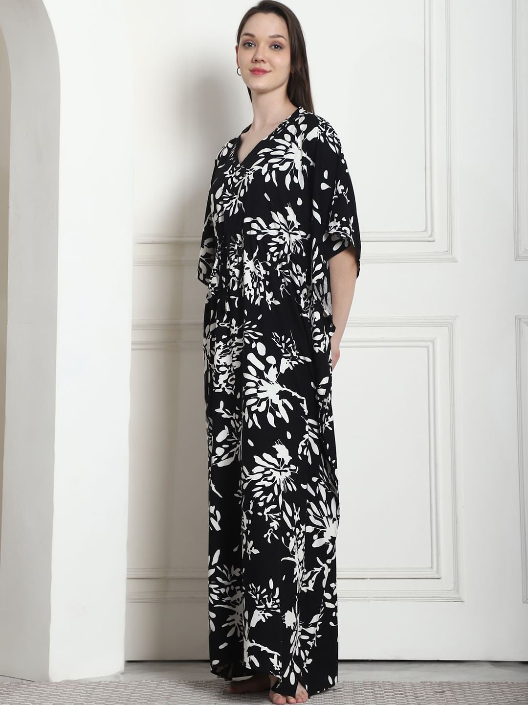 Floral Print Black Rayon Kaftan