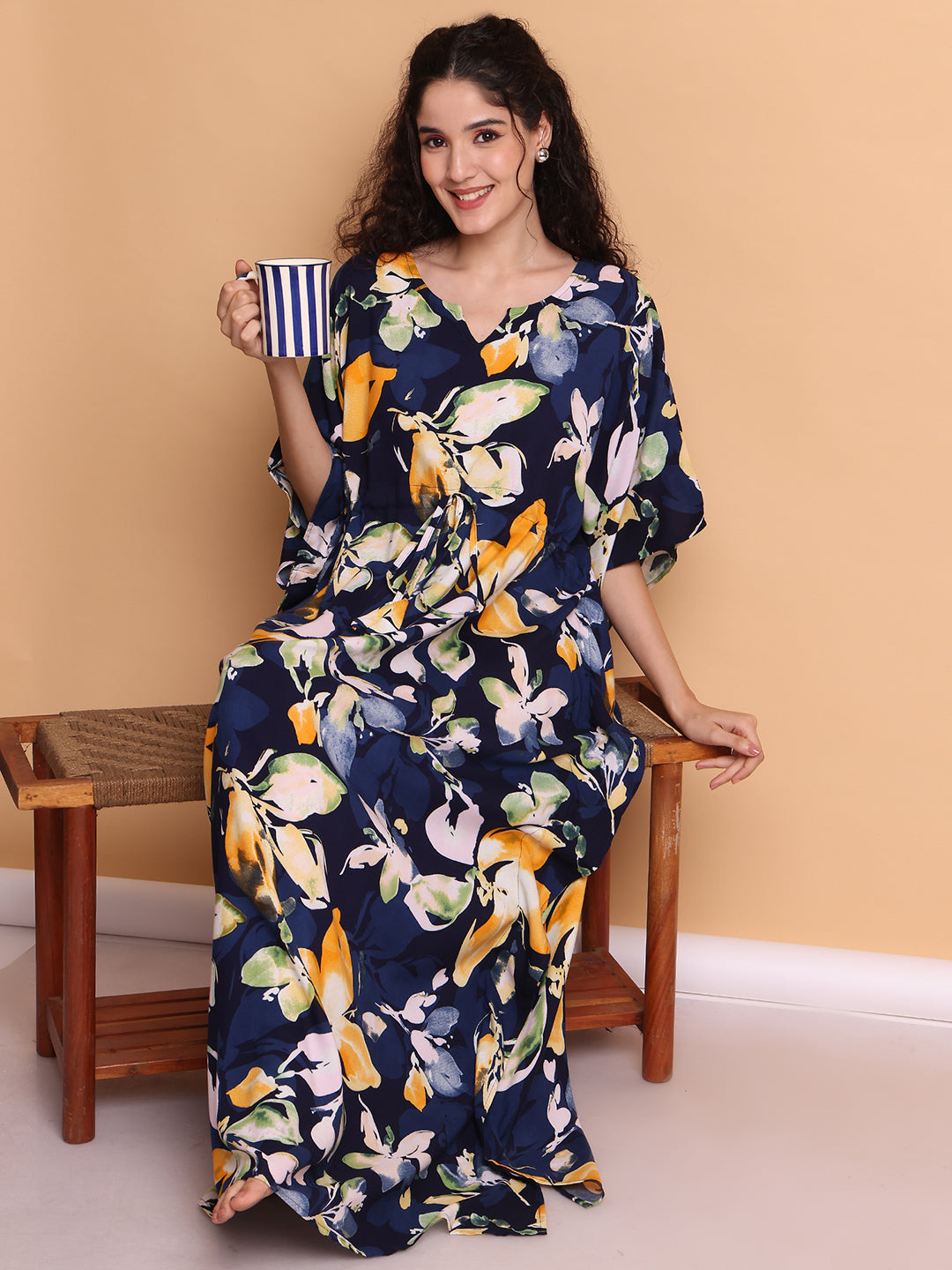 Navy Blue Floral Rayon Kaftan