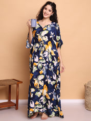 Navy Blue Floral Rayon Kaftan