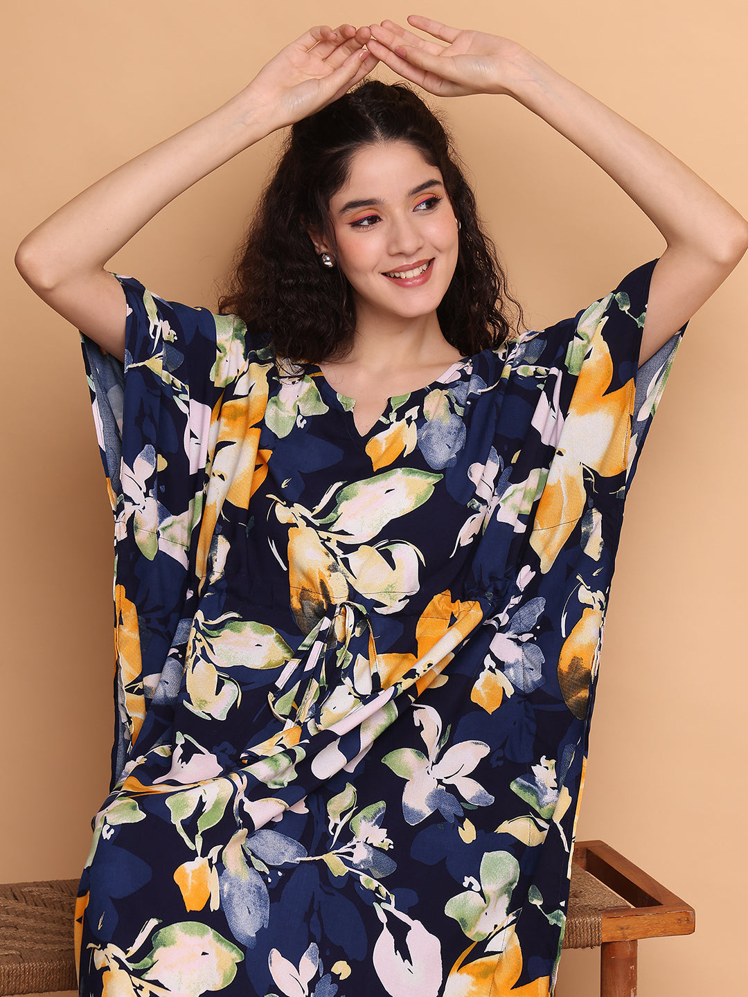 Navy Blue Floral Rayon Kaftan