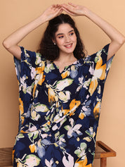 Navy Blue Floral Rayon Kaftan