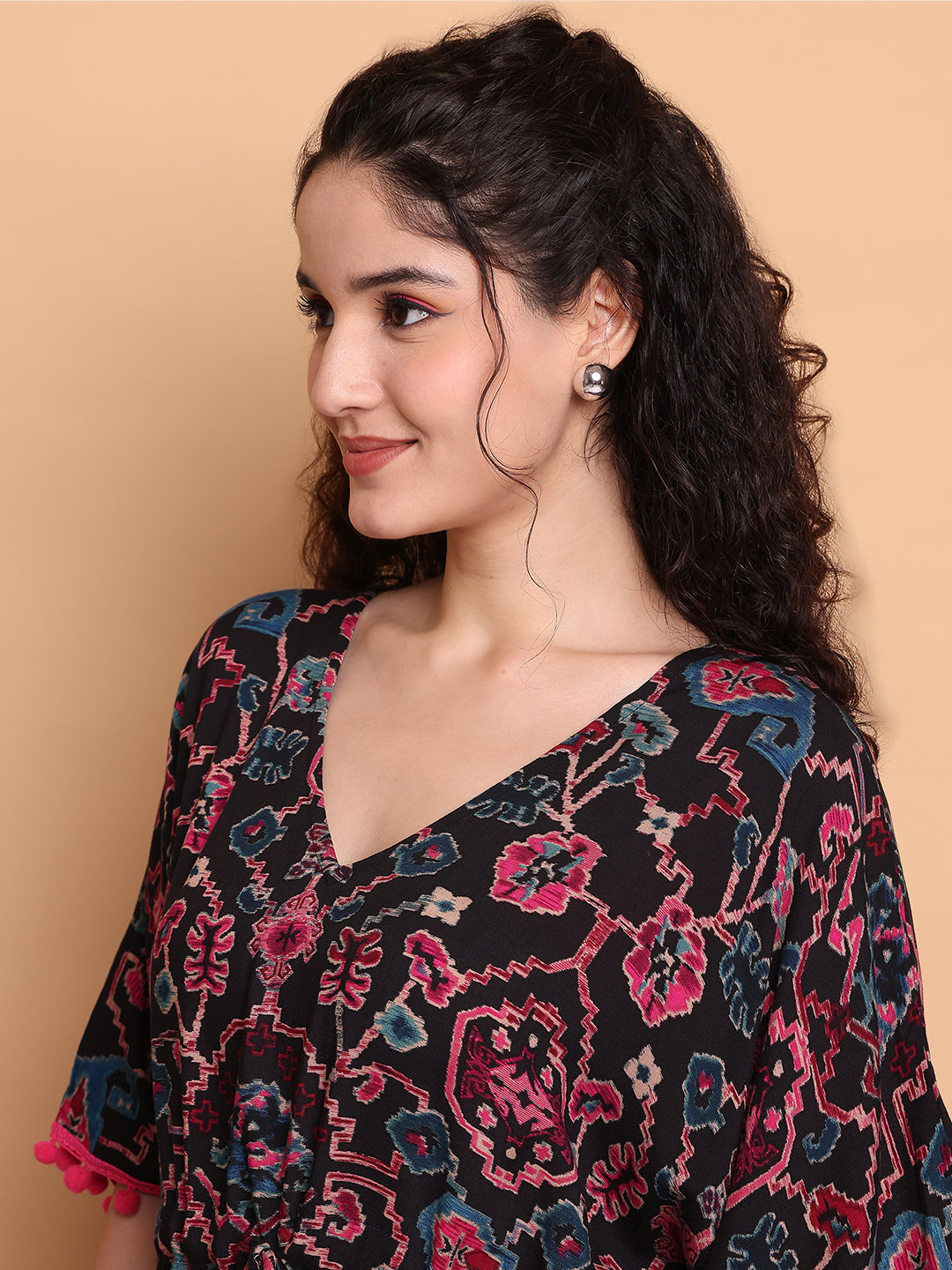 Black Ikkat Printed Rayon Kaftan