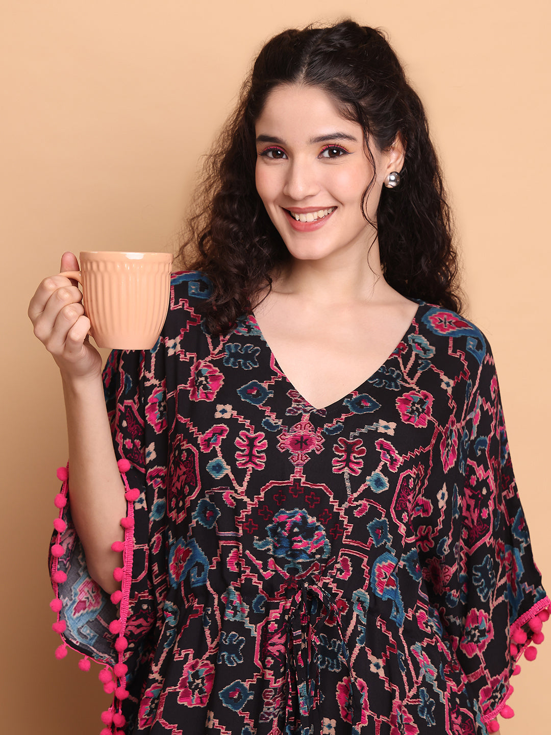 Black Ikkat Printed Rayon Kaftan