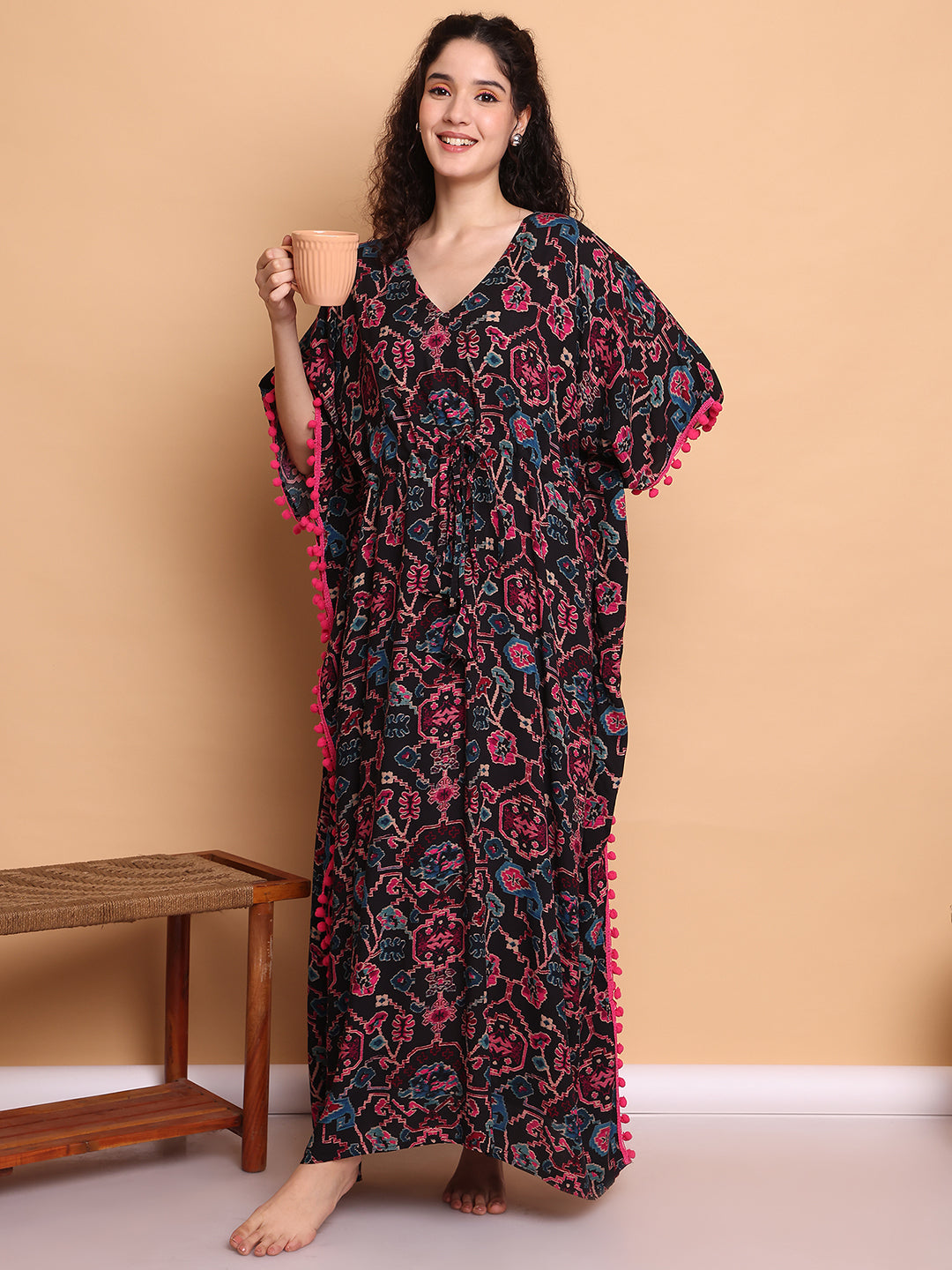 Black Ikkat Printed Rayon Kaftan