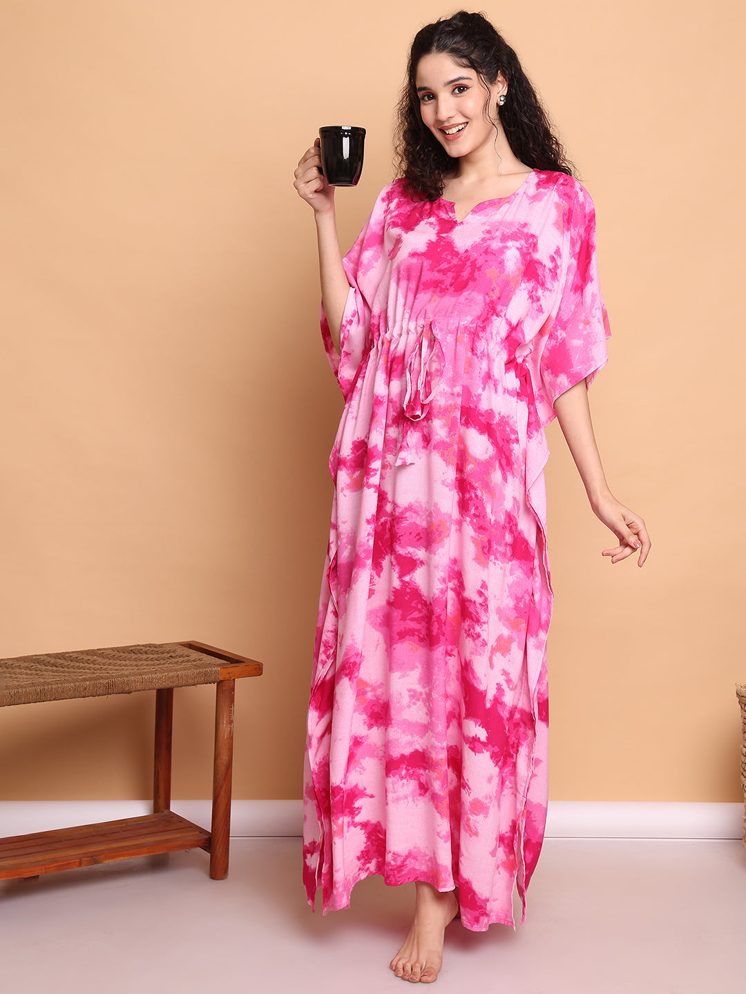 Pink Tye & Dye Print Rayon Kaftan