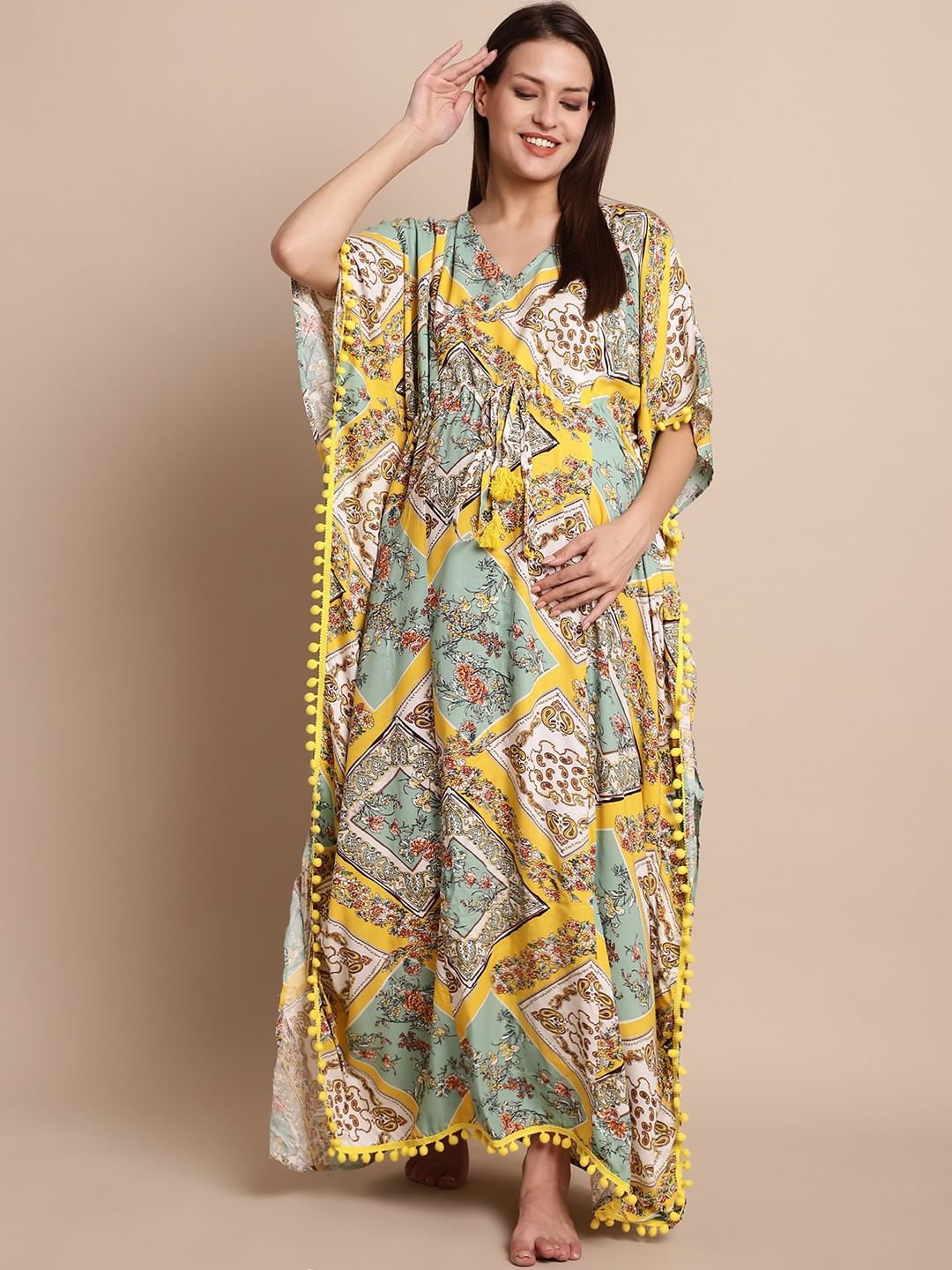 Yellow Printed Maternity Kaftan