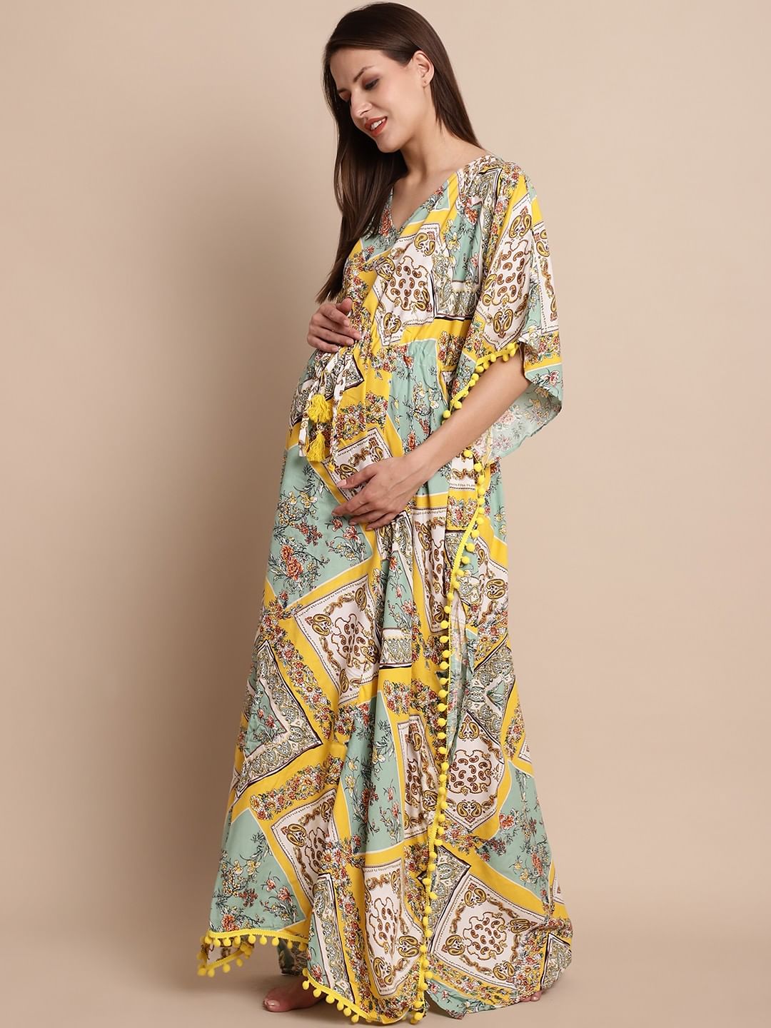 Yellow Printed Maternity Kaftan