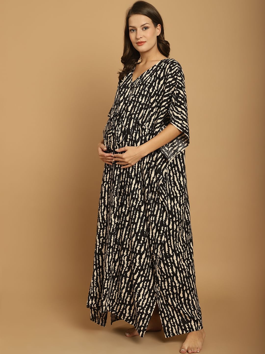 Black Printed Rayon Maternity Kaftan
