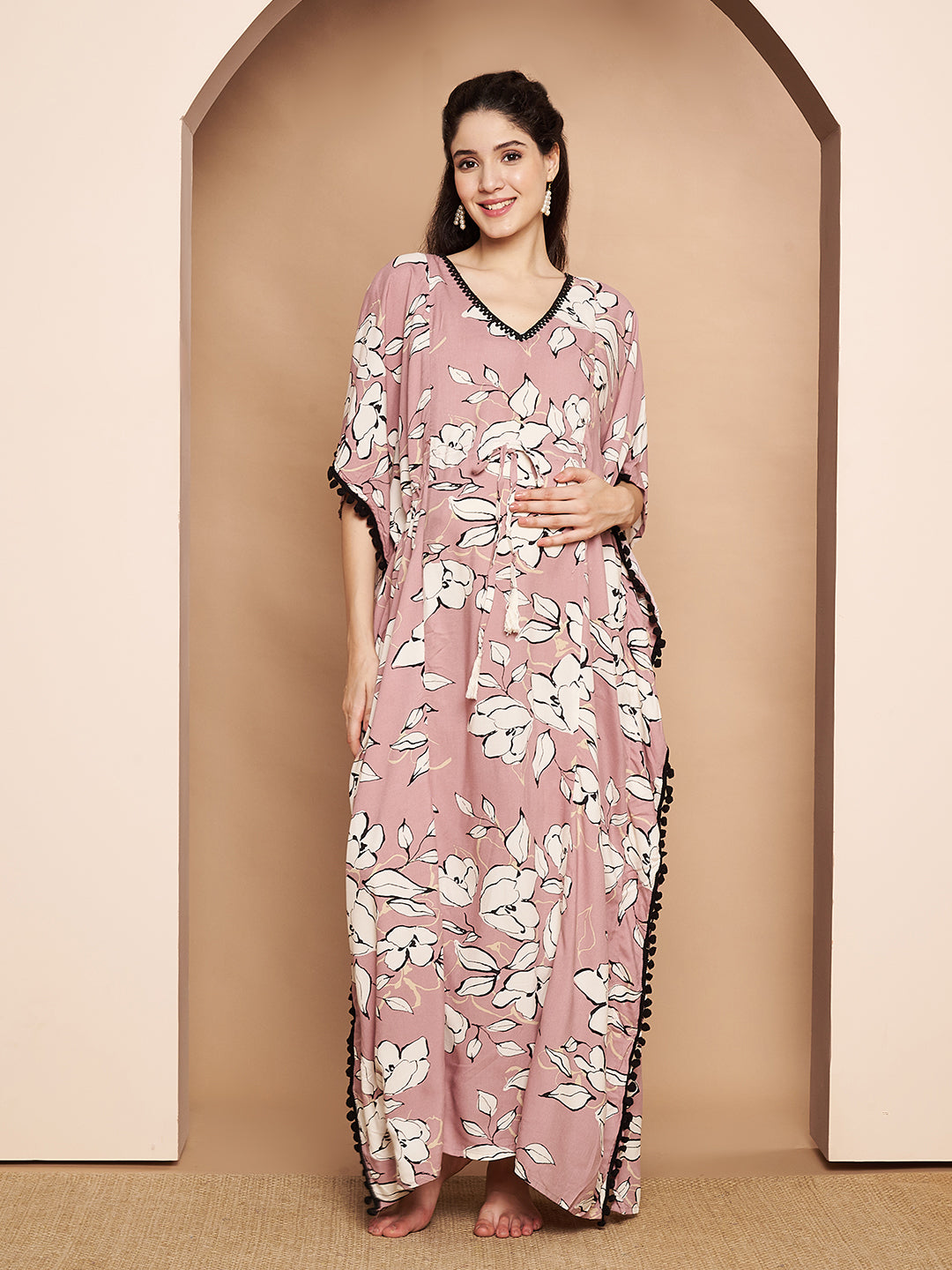 Rayon Floral Peach Maternity Feeding Kaftan