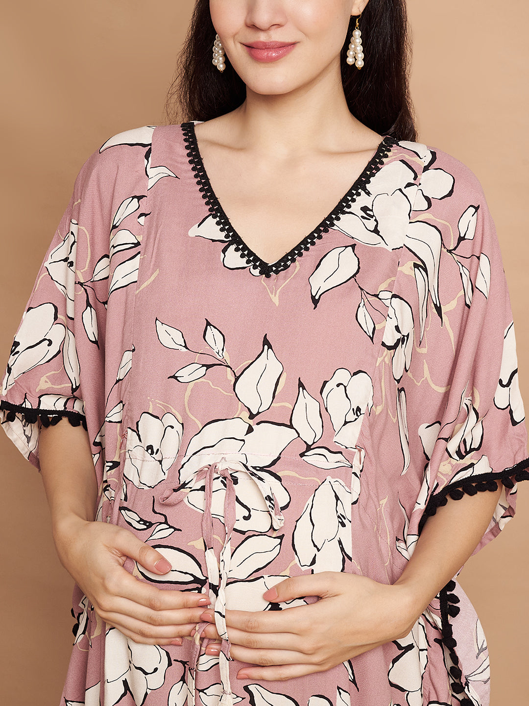 Rayon Floral Peach Maternity Feeding Kaftan