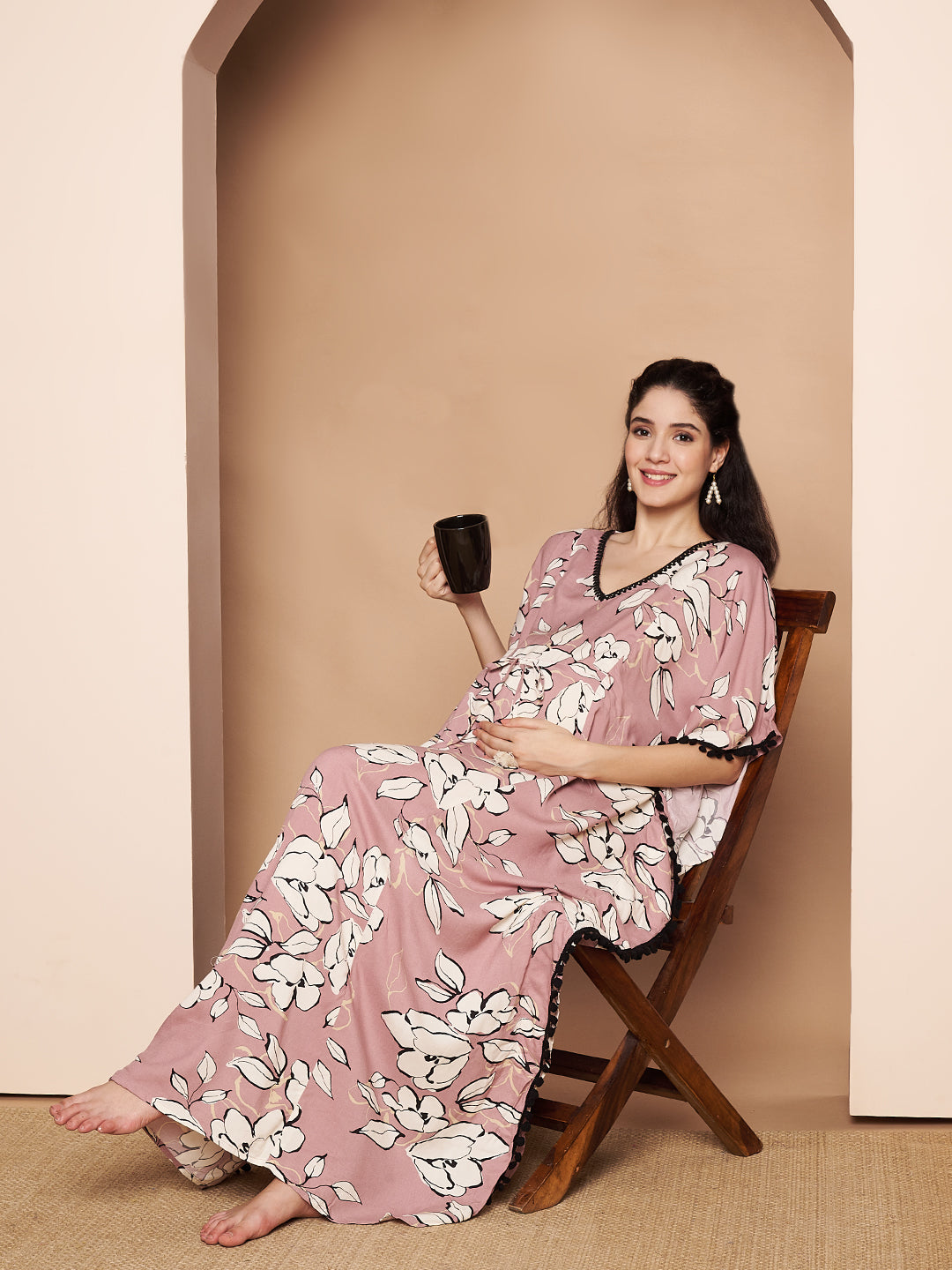 Rayon Floral Peach Maternity Feeding Kaftan