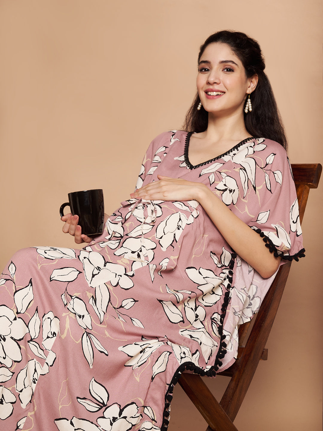 Rayon Floral Peach Maternity Feeding Kaftan