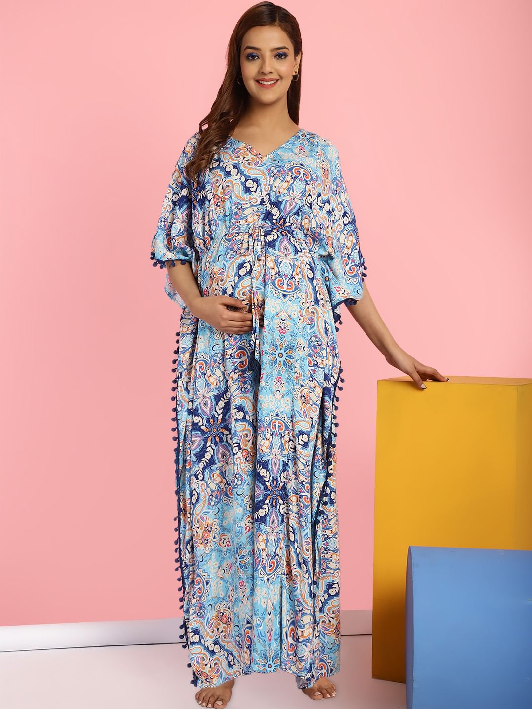 Rayon Floral Blue Maternity Feeding Kaftan