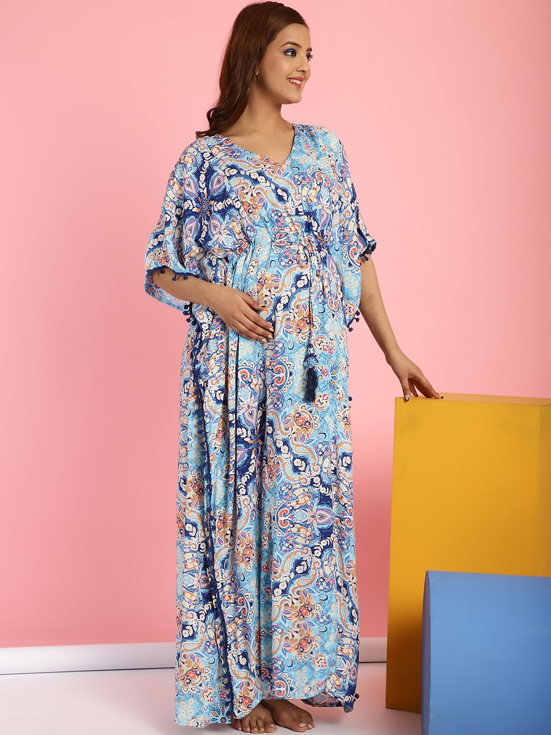 Rayon Floral Blue Maternity Feeding Kaftan