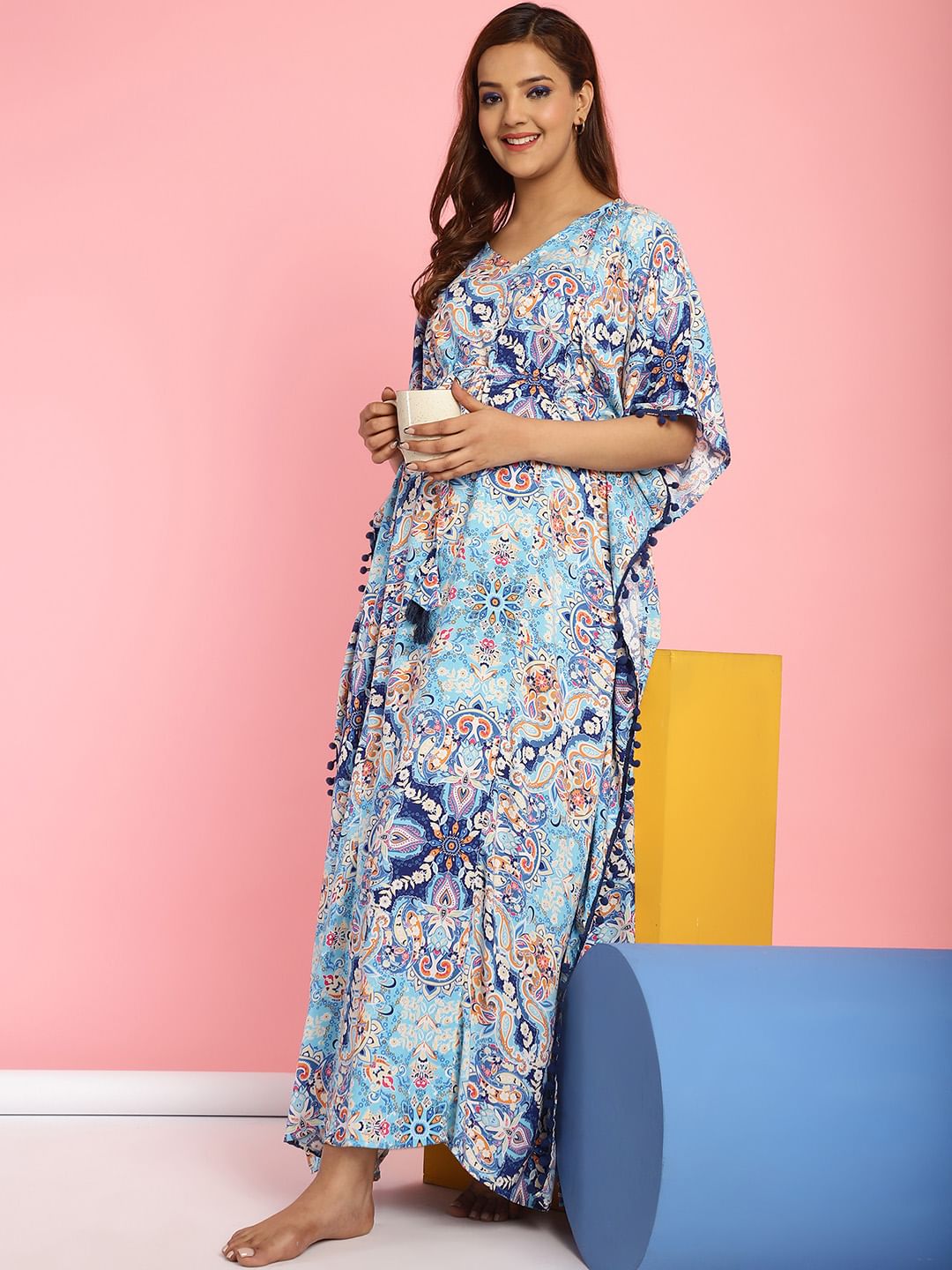 Rayon Floral Blue Maternity Feeding Kaftan