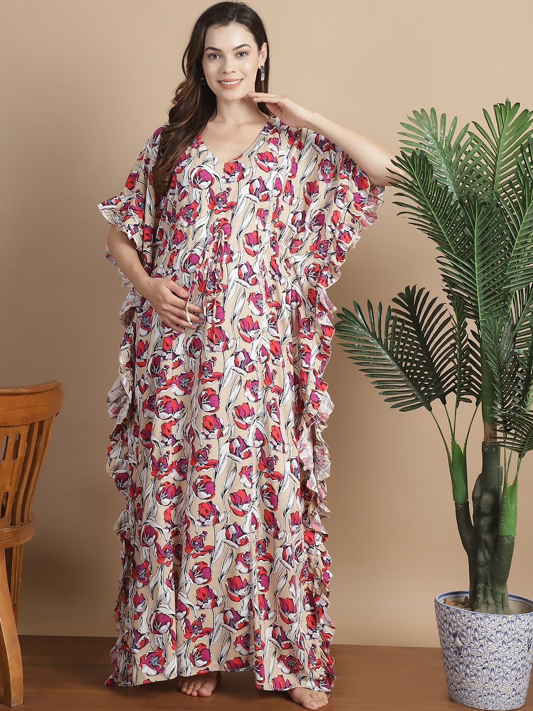 Beige Floral Rayon Maternity Kaftan