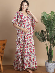 Beige Floral Rayon Maternity Kaftan