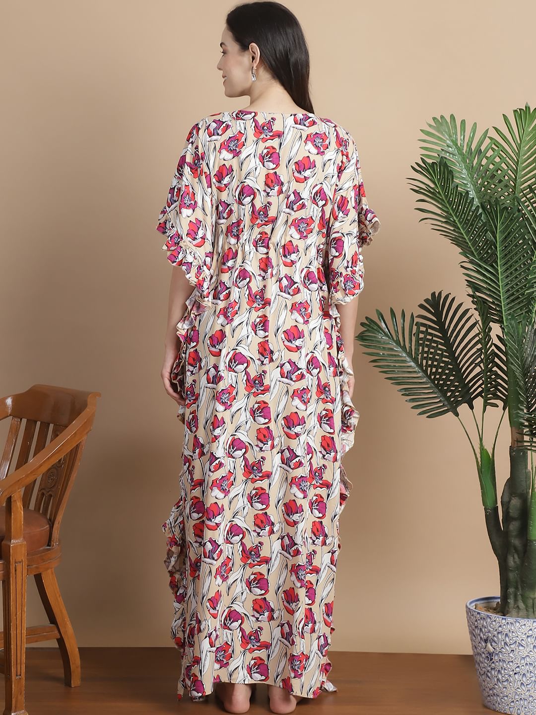 Beige Floral Rayon Maternity Kaftan