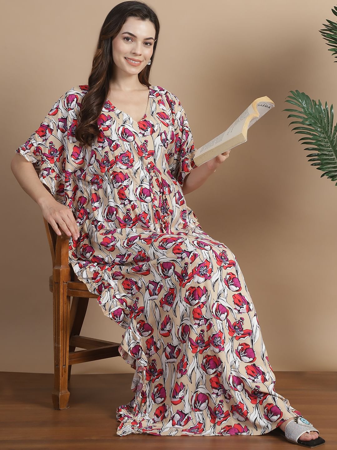 Beige Floral Rayon Maternity Kaftan