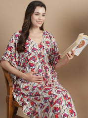 Beige Floral Rayon Maternity Kaftan