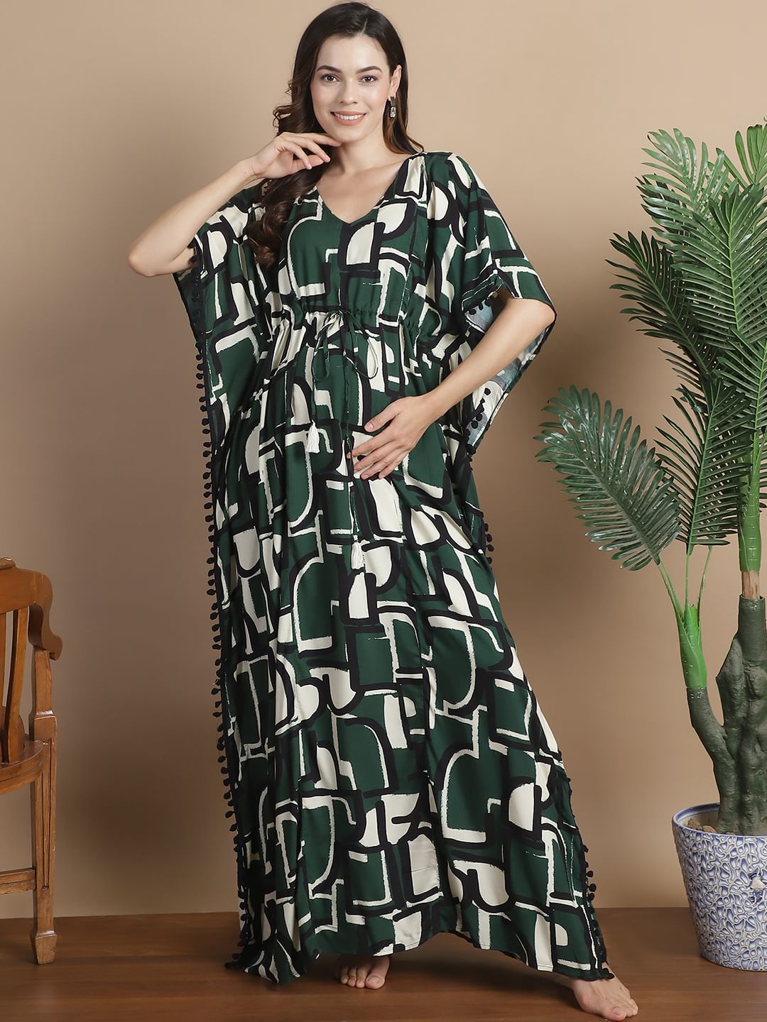 Green Geometric Rayon Maternity Kaftan