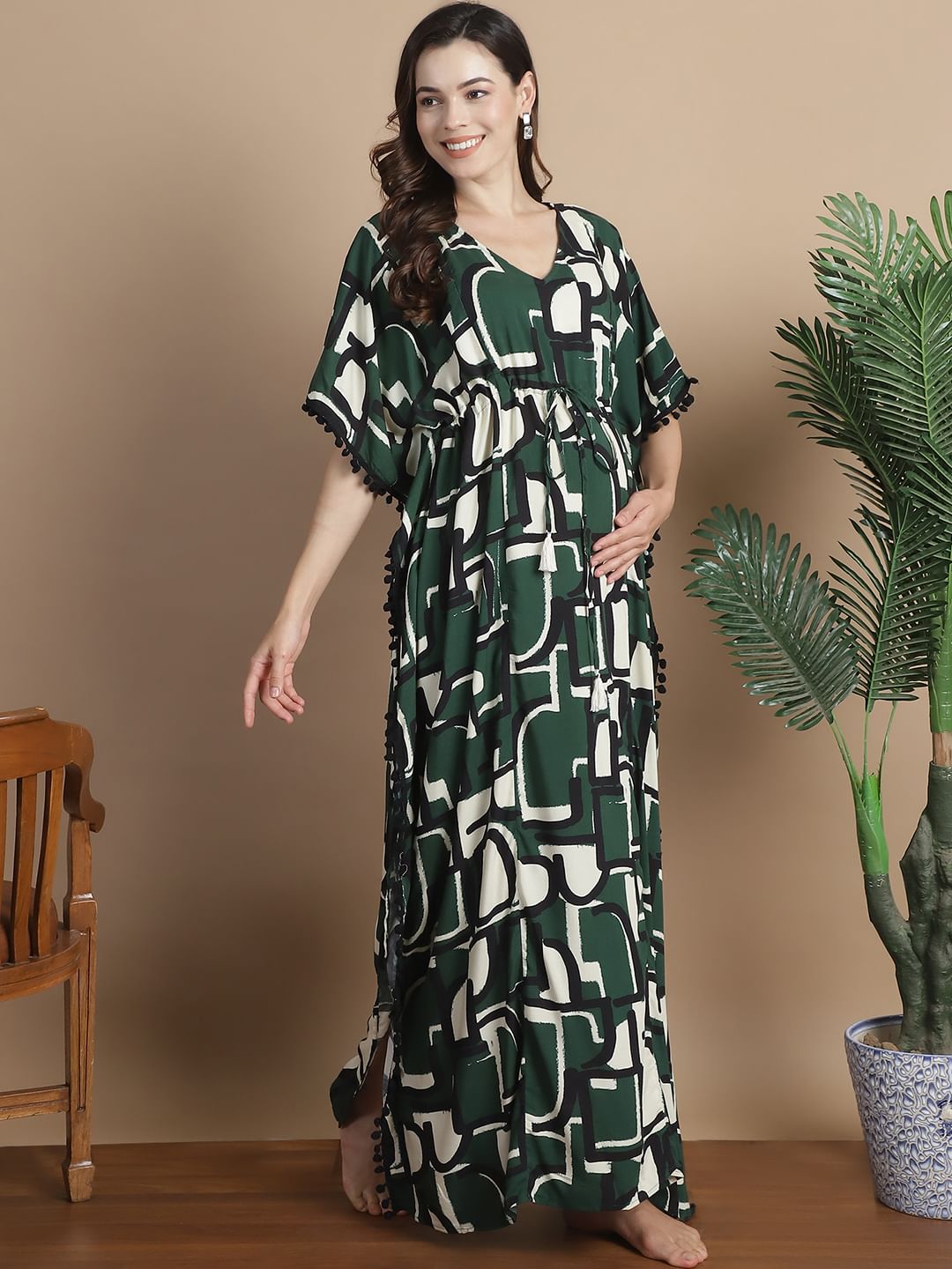 Green Geometric Rayon Maternity Kaftan