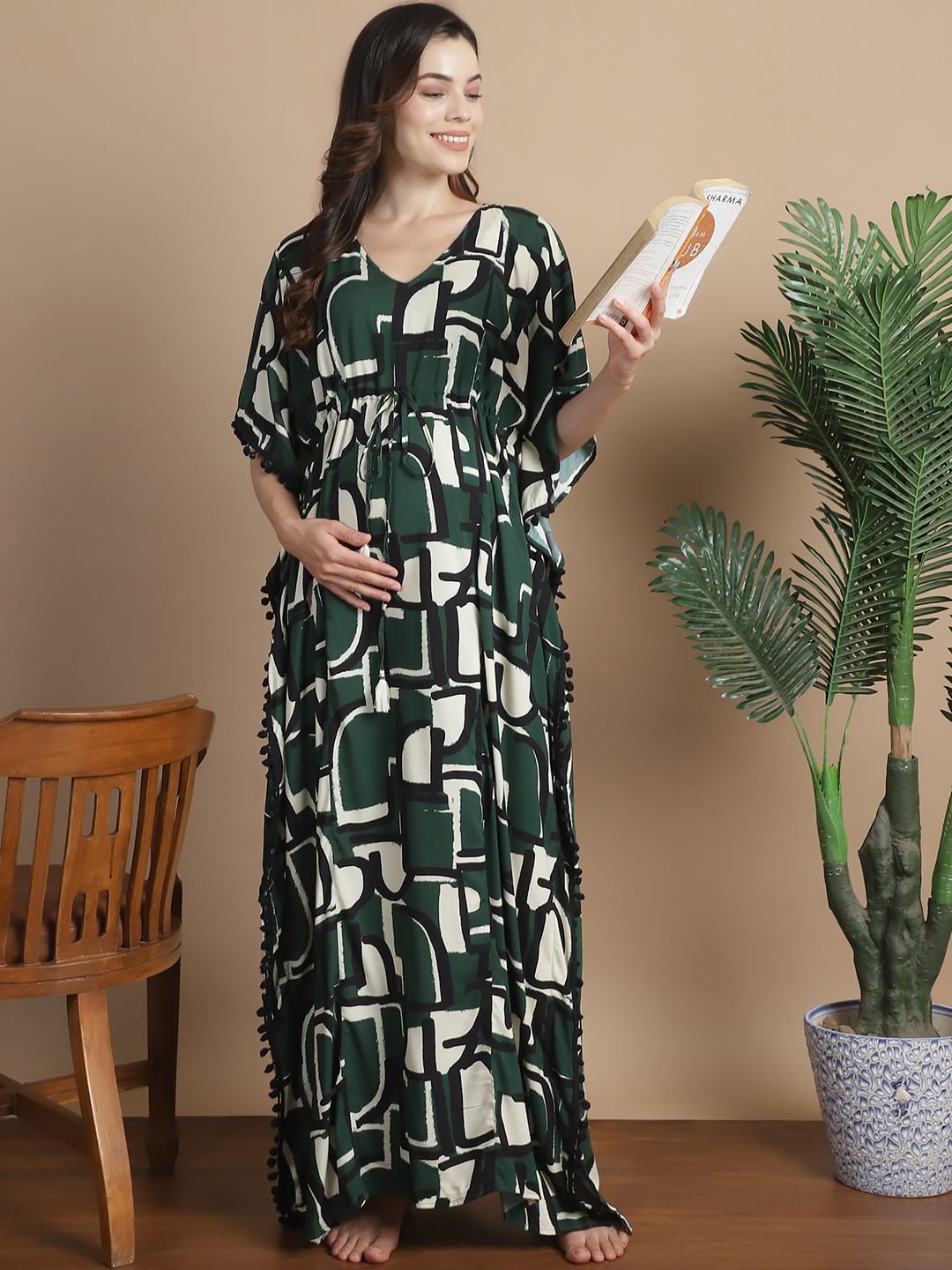 Green Geometric Rayon Maternity Kaftan