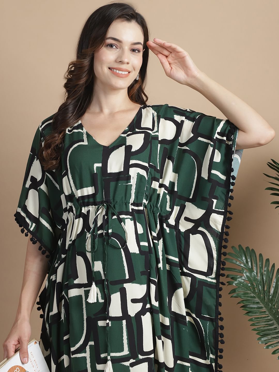 Green Geometric Rayon Maternity Kaftan
