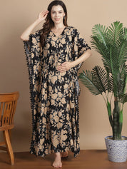 Black & Golden Floral Rayon Maternity Kaftan
