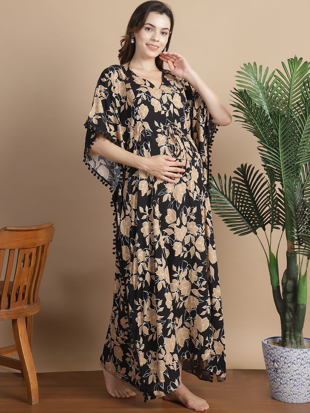 Black & Golden Floral Rayon Maternity Kaftan