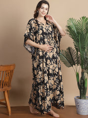 Black & Golden Floral Rayon Maternity Kaftan