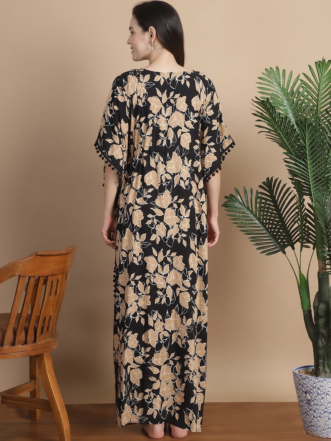 Black & Golden Floral Rayon Maternity Kaftan