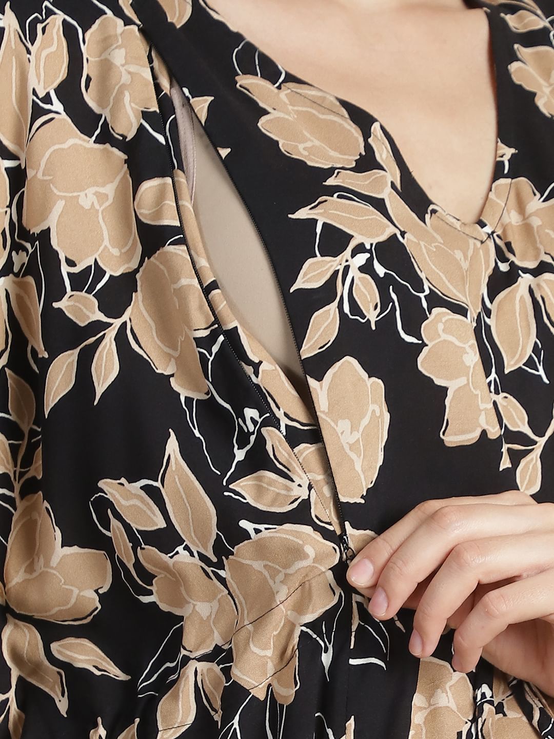 Black & Golden Floral Rayon Maternity Kaftan