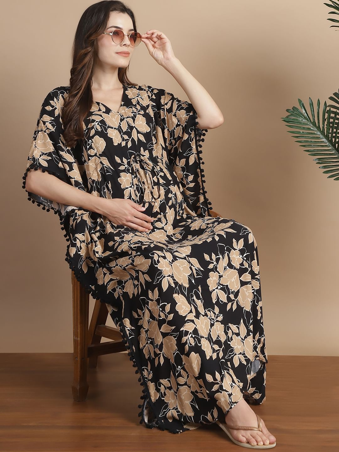 Black & Golden Floral Rayon Maternity Kaftan