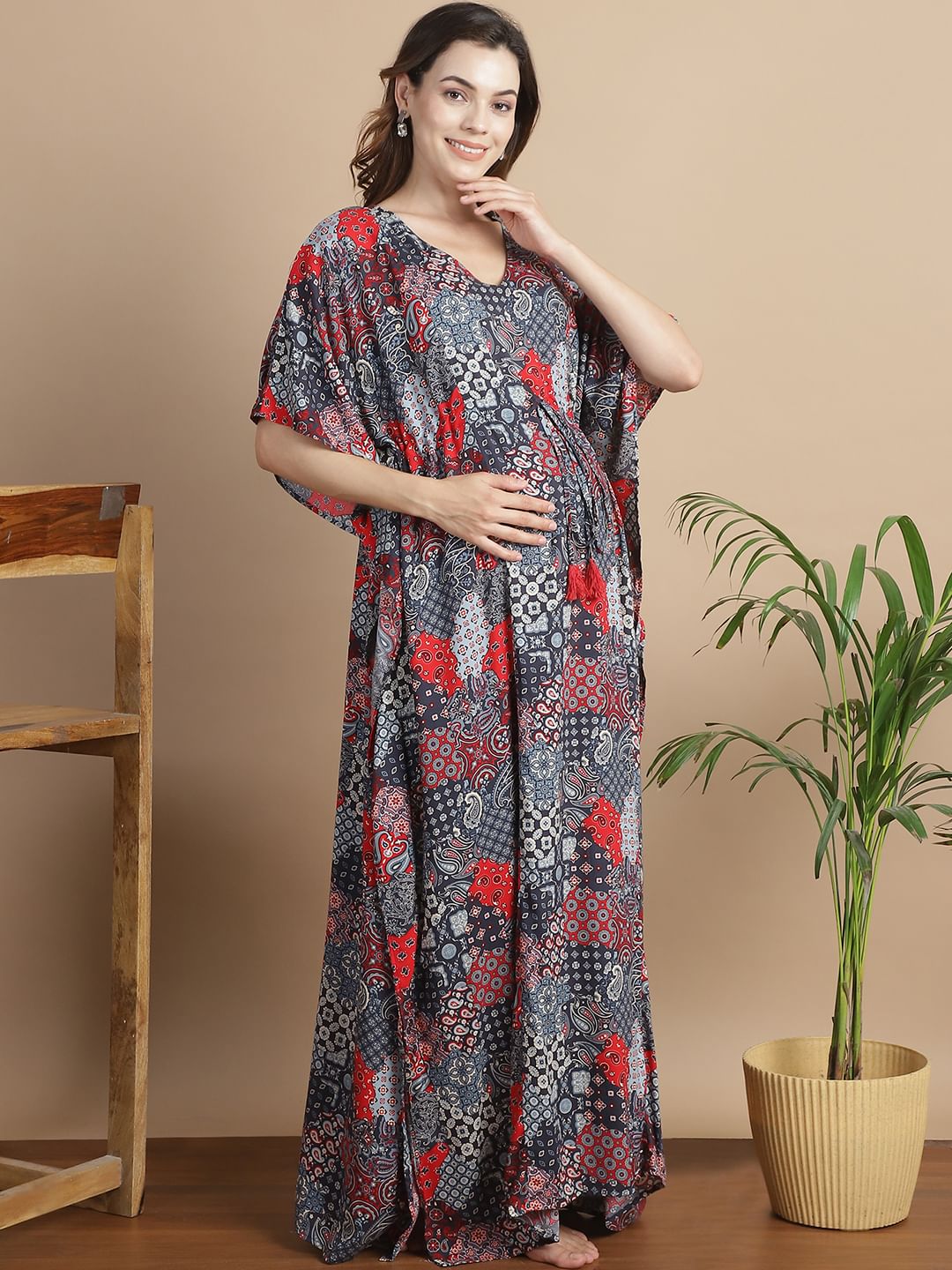Multi-Color Geometric Rayon Maternity Kaftan