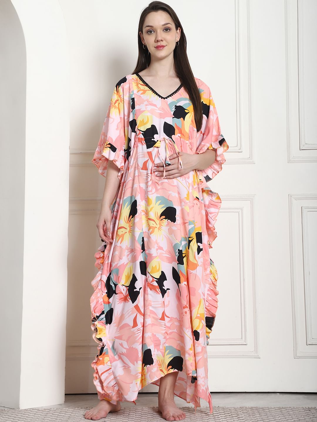 Floral Print Peach Rayon Maternity Kaftan