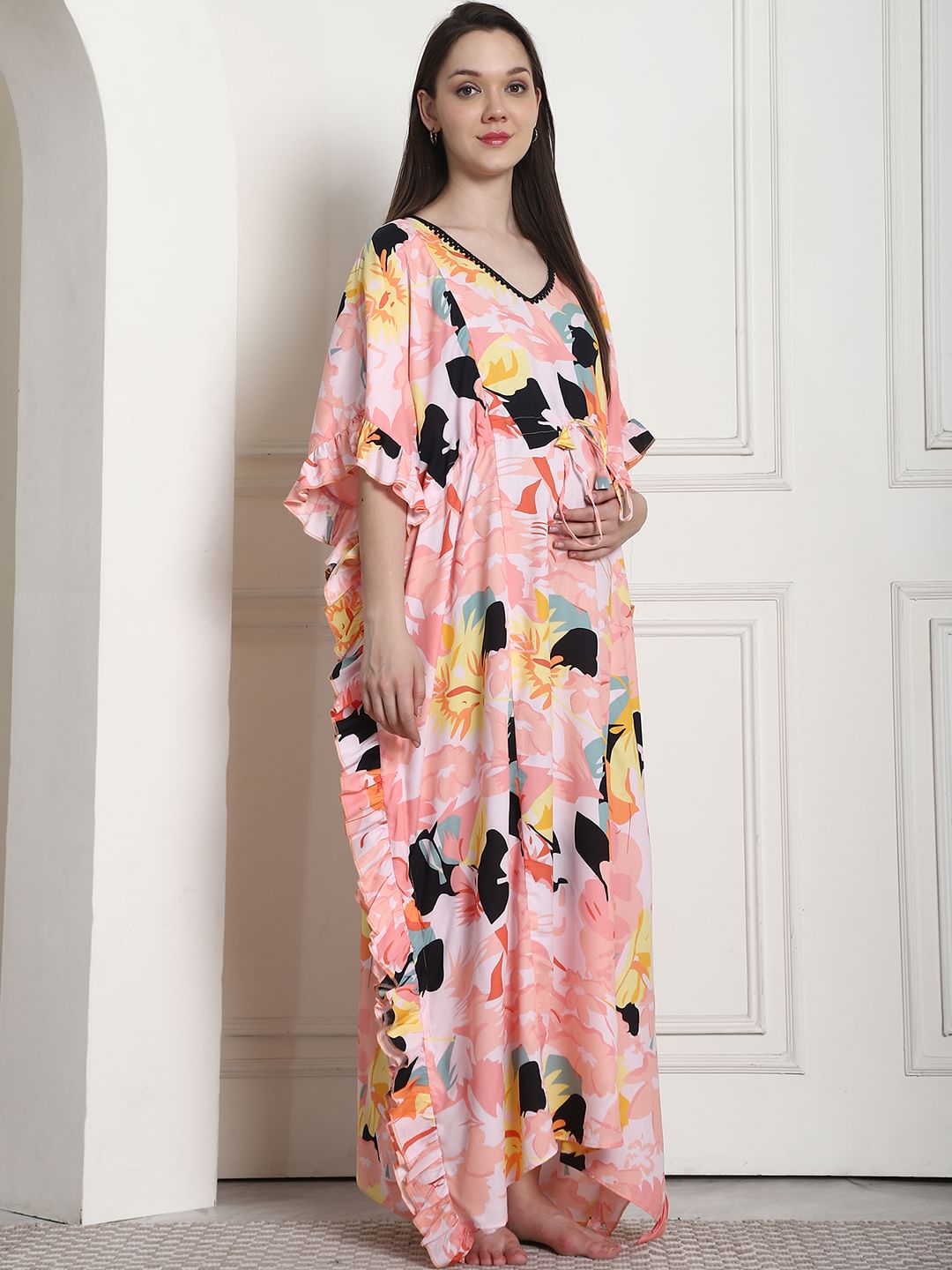 Floral Print Peach Rayon Maternity Kaftan