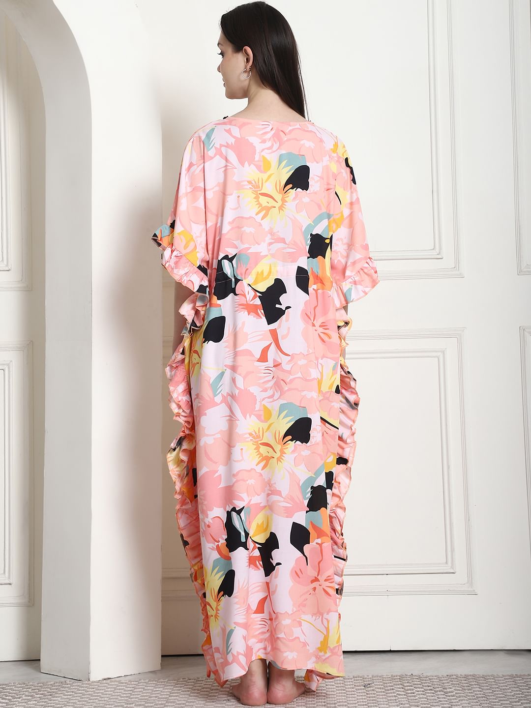 Floral Print Peach Rayon Maternity Kaftan