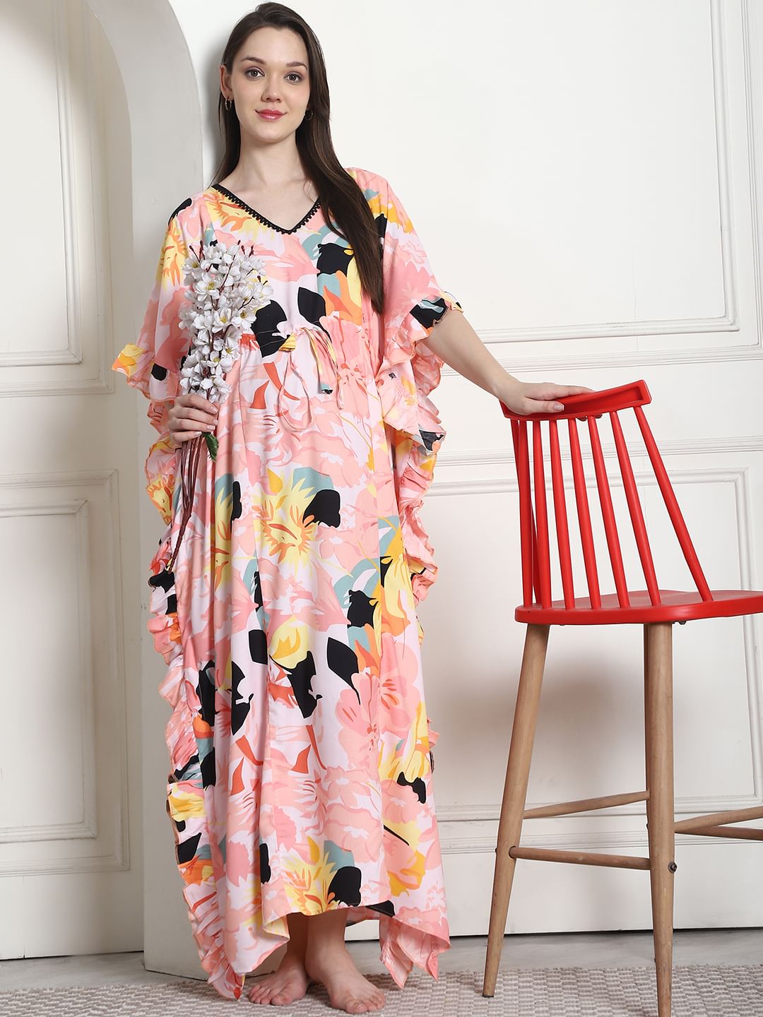 Floral Print Peach Rayon Maternity Kaftan