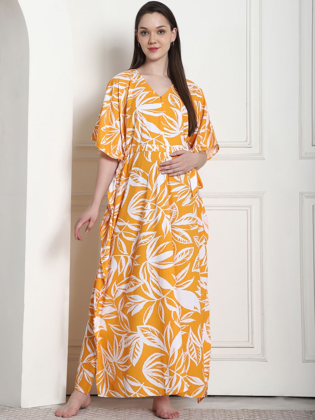 Floral Print Yellow Rayon Maternity Kaftan