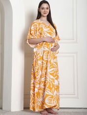 Floral Print Yellow Rayon Maternity Kaftan