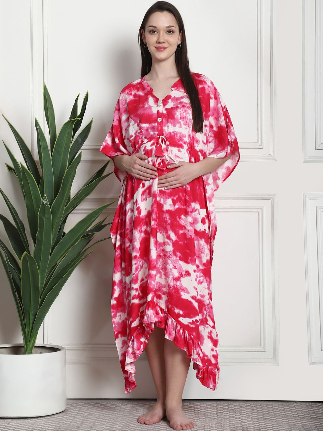 Tie & Dye Print Pink Rayon Maternity Kaftan
