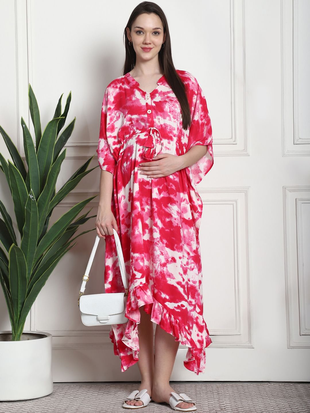 Tie & Dye Print Pink Rayon Maternity Kaftan
