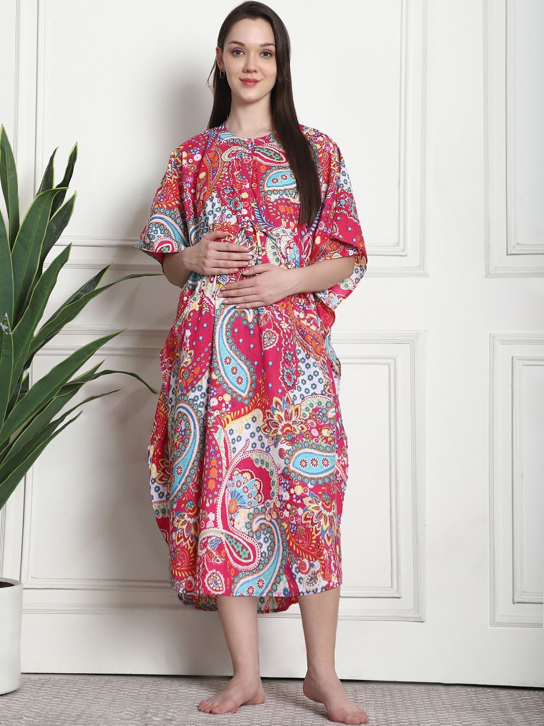 Printed Pink Cotton Maternity Kaftan