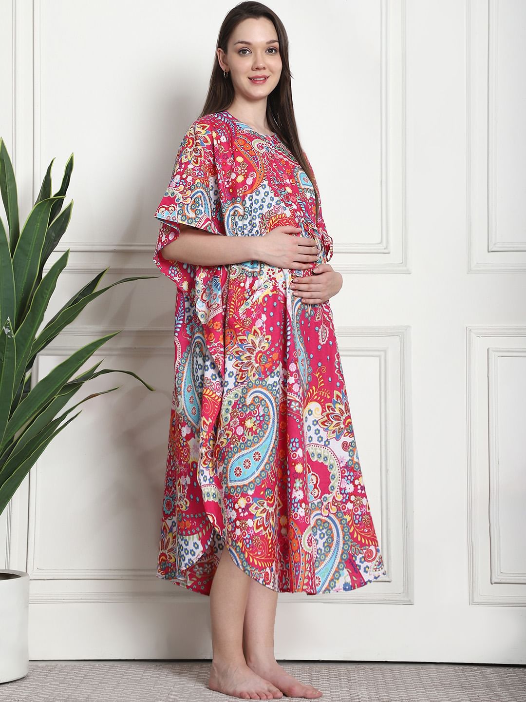 Printed Pink Cotton Maternity Kaftan