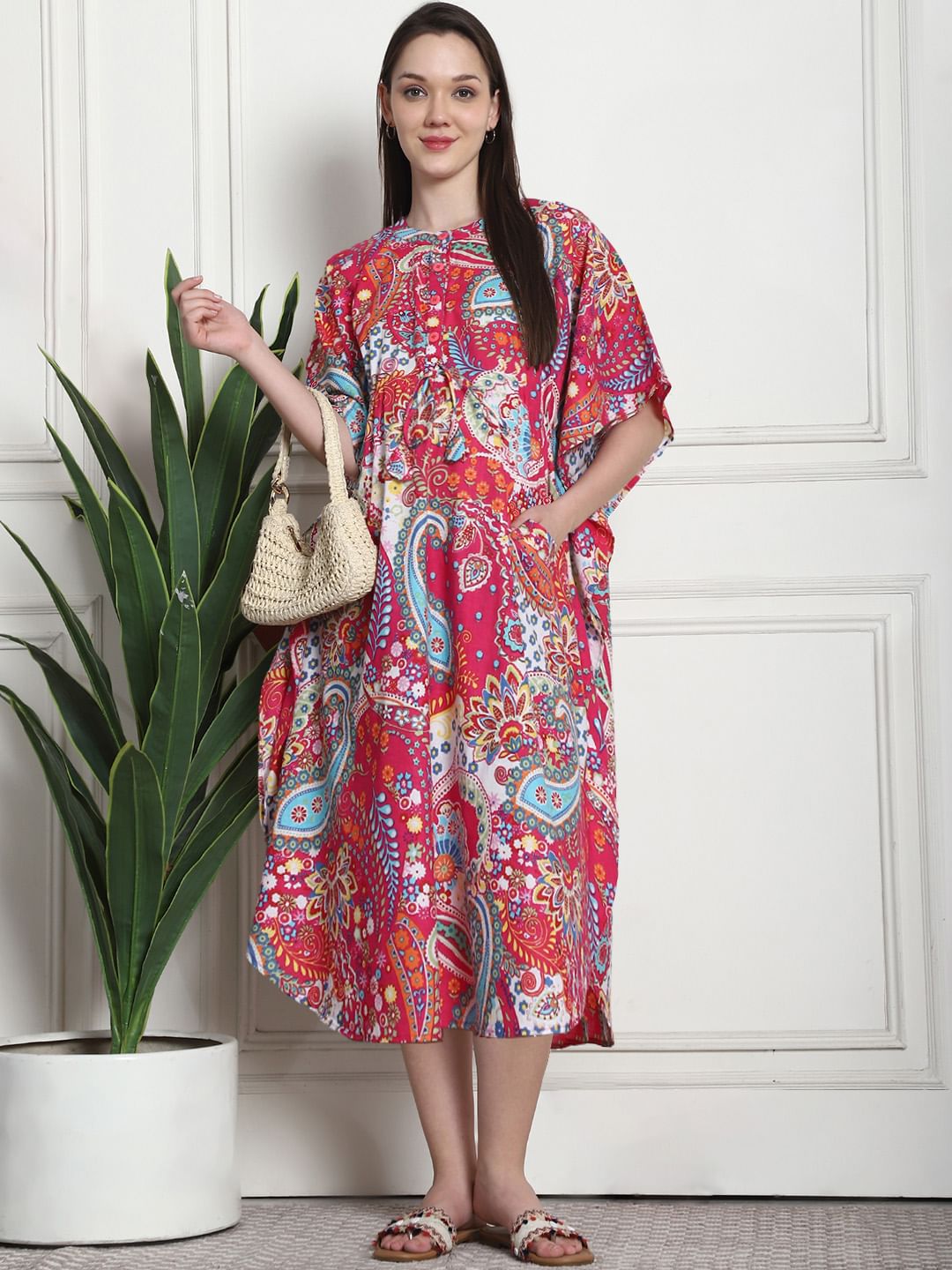 Printed Pink Cotton Maternity Kaftan