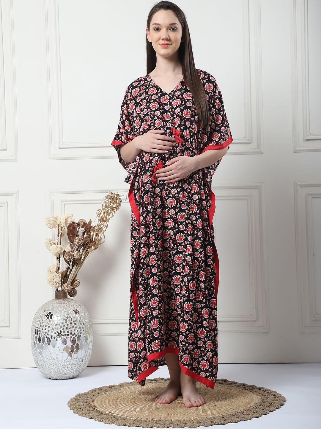 Floral Print Black Rayon Maternity Kaftan